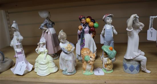 A Royal Doulton figure, Biddy Pennyfarthing, two Beatrix Potter figures, Benjamin Bunny and Squirrel Nutkin and eight other figures,